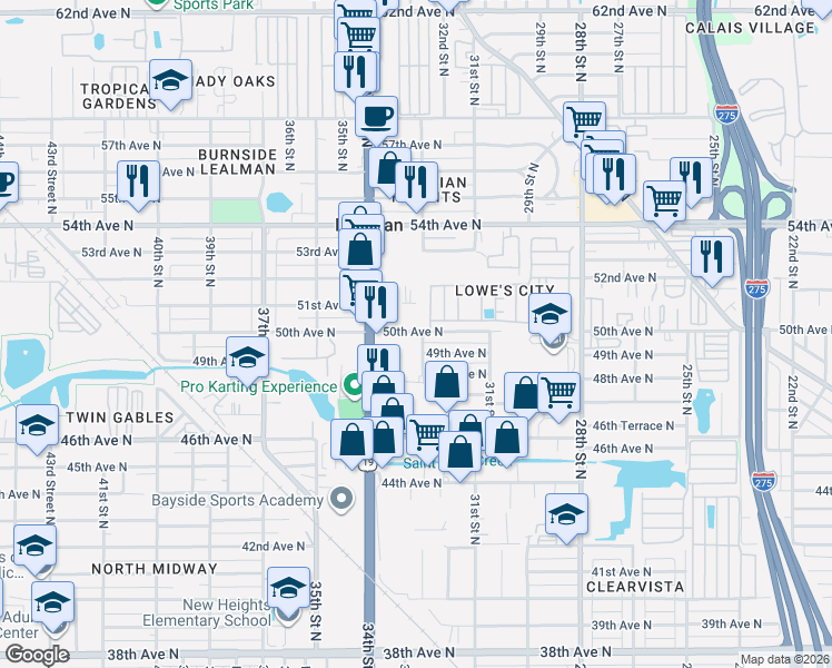 map of restaurants, bars, coffee shops, grocery stores, and more near 3262 50th Avenue North in St. Petersburg