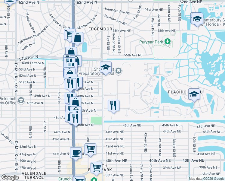 map of restaurants, bars, coffee shops, grocery stores, and more near 4910 Bay Street Northeast in St. Petersburg