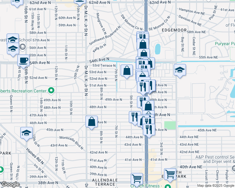 map of restaurants, bars, coffee shops, grocery stores, and more near 640 50th Avenue North in St. Petersburg