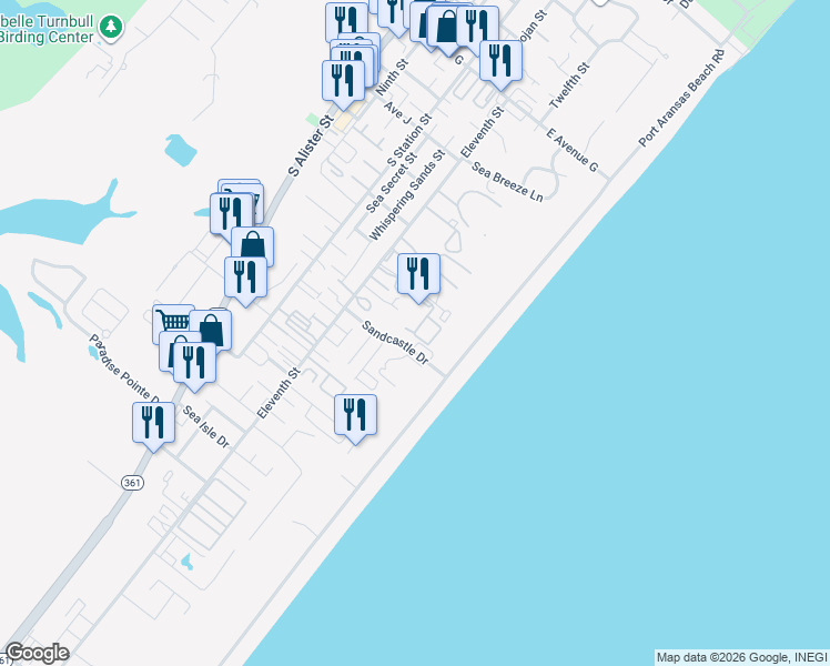 map of restaurants, bars, coffee shops, grocery stores, and more near 983 Banyan Beach Drive in Port Aransas