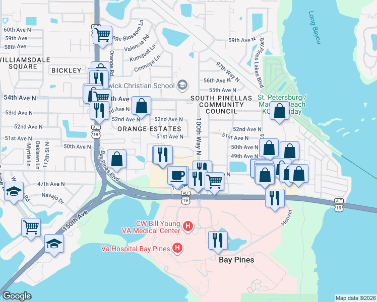 map of restaurants, bars, coffee shops, grocery stores, and more near 10134 Grand Oak Circle in Madeira Beach