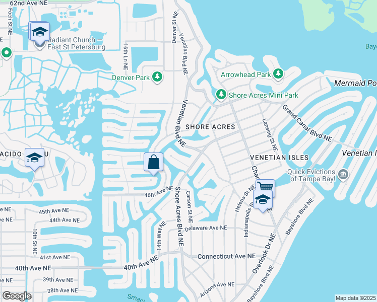 map of restaurants, bars, coffee shops, grocery stores, and more near 5124 Venetian Boulevard Northeast in Saint Petersburg