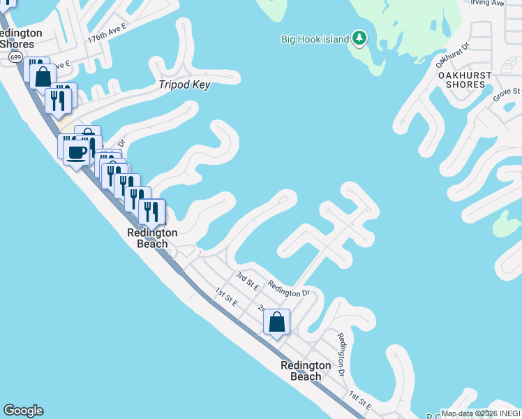 map of restaurants, bars, coffee shops, grocery stores, and more near 16480 Redington Drive in Redington Beach