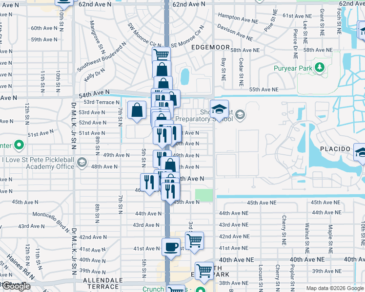 map of restaurants, bars, coffee shops, grocery stores, and more near 4949 4th Street North in St. Petersburg
