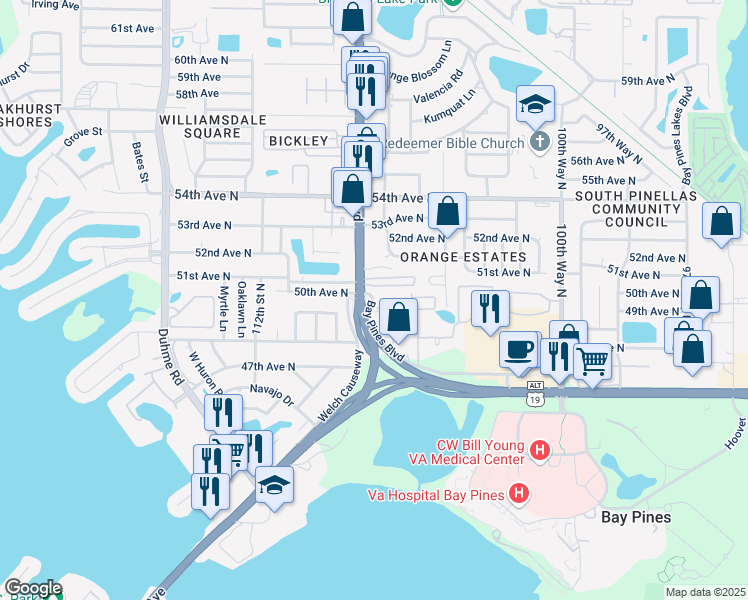 map of restaurants, bars, coffee shops, grocery stores, and more near 10699 Woodland Drive North in St. Petersburg