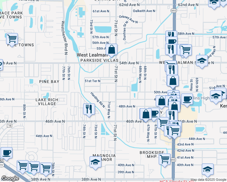 map of restaurants, bars, coffee shops, grocery stores, and more near 7105 50th Avenue North in Saint Petersburg
