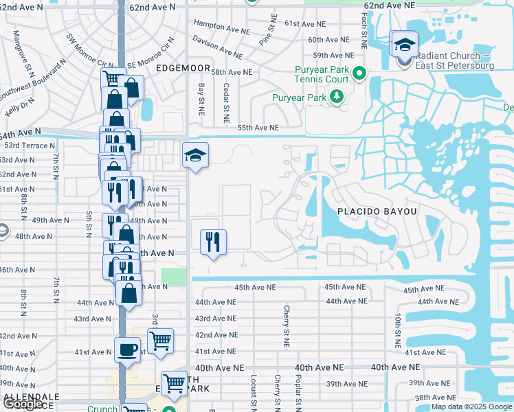 map of restaurants, bars, coffee shops, grocery stores, and more near 5050 White Pine Circle Northeast in St. Petersburg
