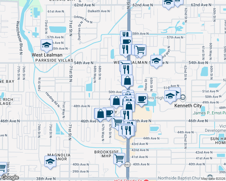 map of restaurants, bars, coffee shops, grocery stores, and more near 6703 50th Avenue North in Saint Petersburg