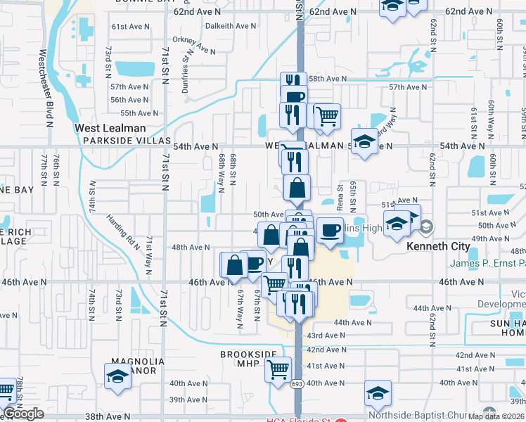map of restaurants, bars, coffee shops, grocery stores, and more near 6703 50th Avenue North in St. Petersburg
