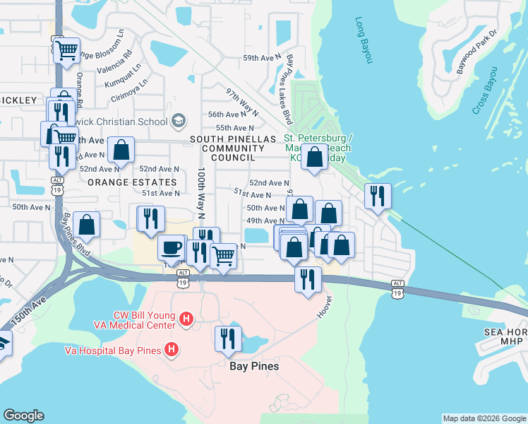 map of restaurants, bars, coffee shops, grocery stores, and more near 9798 50th Avenue North in Saint Petersburg
