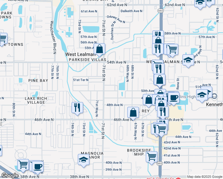 map of restaurants, bars, coffee shops, grocery stores, and more near 7011 50th Avenue North in Saint Petersburg