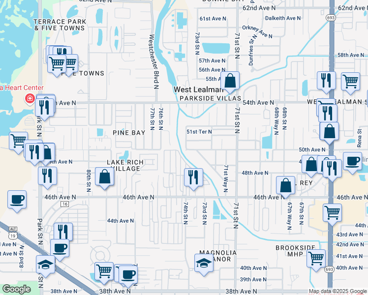 map of restaurants, bars, coffee shops, grocery stores, and more near 5000 74th Street North in St. Petersburg