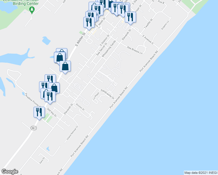 map of restaurants, bars, coffee shops, grocery stores, and more near 983 Banyan Beach Drive in Port Aransas