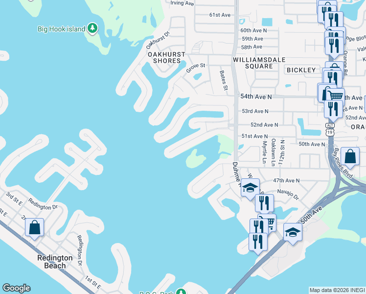 map of restaurants, bars, coffee shops, grocery stores, and more near 636 Boca Ciega Point Boulevard South in St. Petersburg