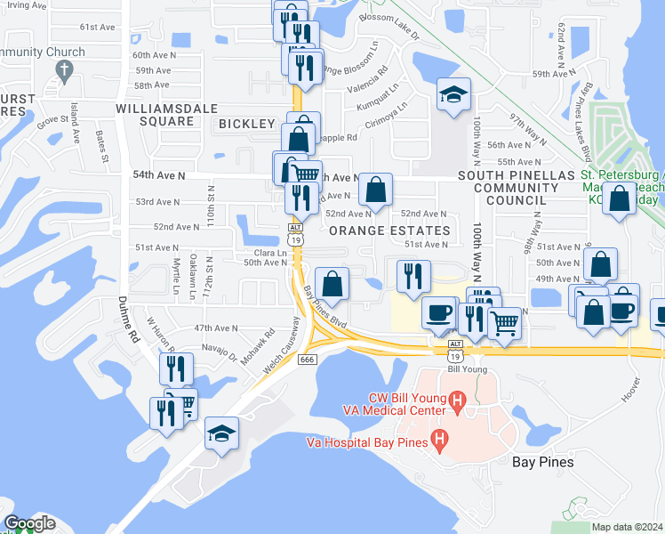 map of restaurants, bars, coffee shops, grocery stores, and more near 4986 Woodland Drive in St. Petersburg