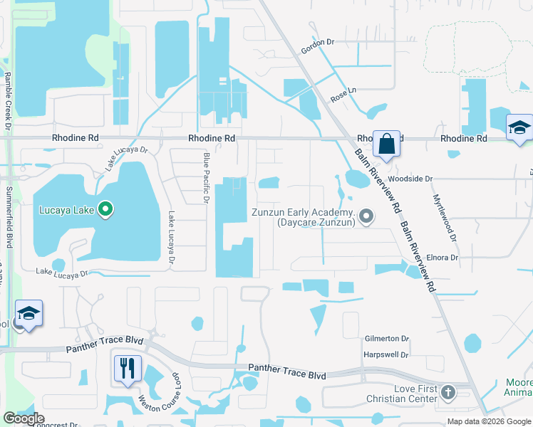 map of restaurants, bars, coffee shops, grocery stores, and more near 11733 Rhodine Road in Riverview