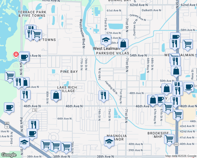 map of restaurants, bars, coffee shops, grocery stores, and more near 5000 74th Street North in St. Petersburg