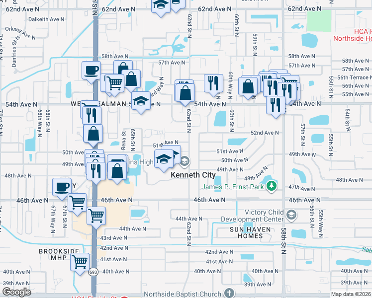 map of restaurants, bars, coffee shops, grocery stores, and more near 5016 62nd Street North in Kenneth City