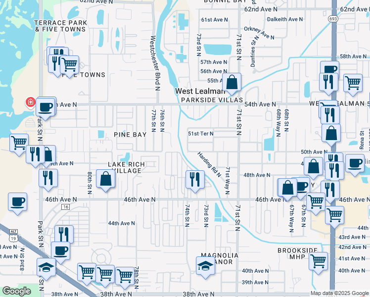 map of restaurants, bars, coffee shops, grocery stores, and more near 5000 74th Street North in St. Petersburg