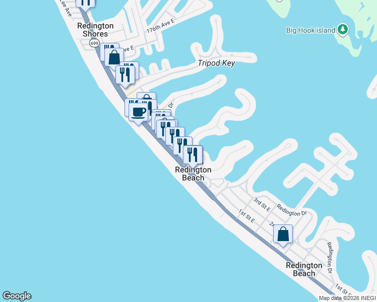 map of restaurants, bars, coffee shops, grocery stores, and more near 104 Bath Club Circle in North Redington Beach