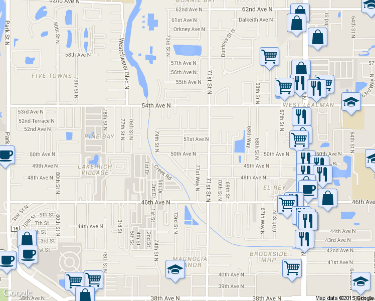 map of restaurants, bars, coffee shops, grocery stores, and more near 7185 50th Avenue North in St. Petersburg