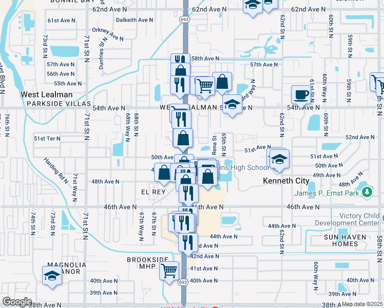 map of restaurants, bars, coffee shops, grocery stores, and more near 5001 66th Street North in St. Petersburg