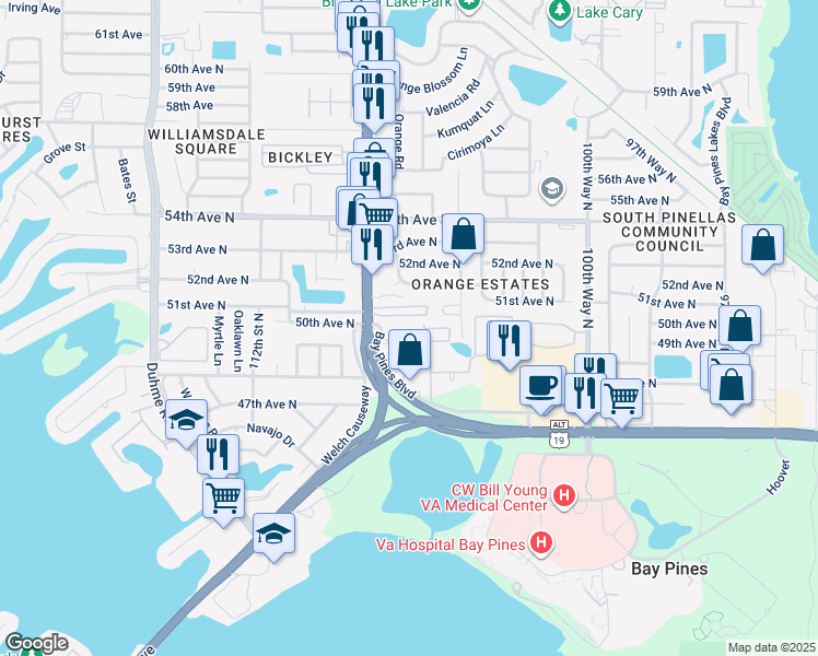 map of restaurants, bars, coffee shops, grocery stores, and more near 4986 Woodland Drive in St. Petersburg