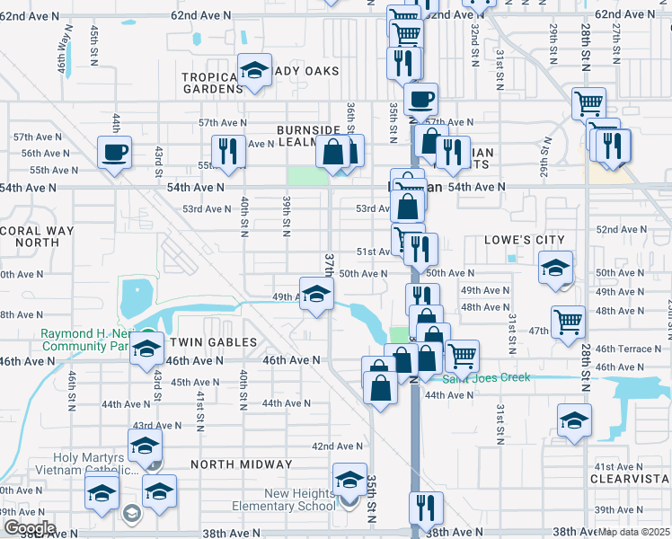 map of restaurants, bars, coffee shops, grocery stores, and more near 3681 50th Avenue North in St. Petersburg