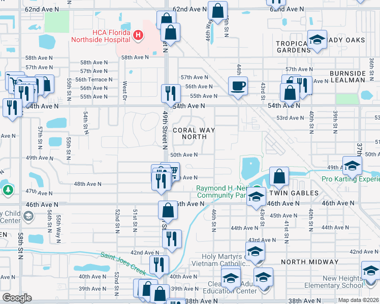 map of restaurants, bars, coffee shops, grocery stores, and more near 4699 50th Avenue North in St. Petersburg