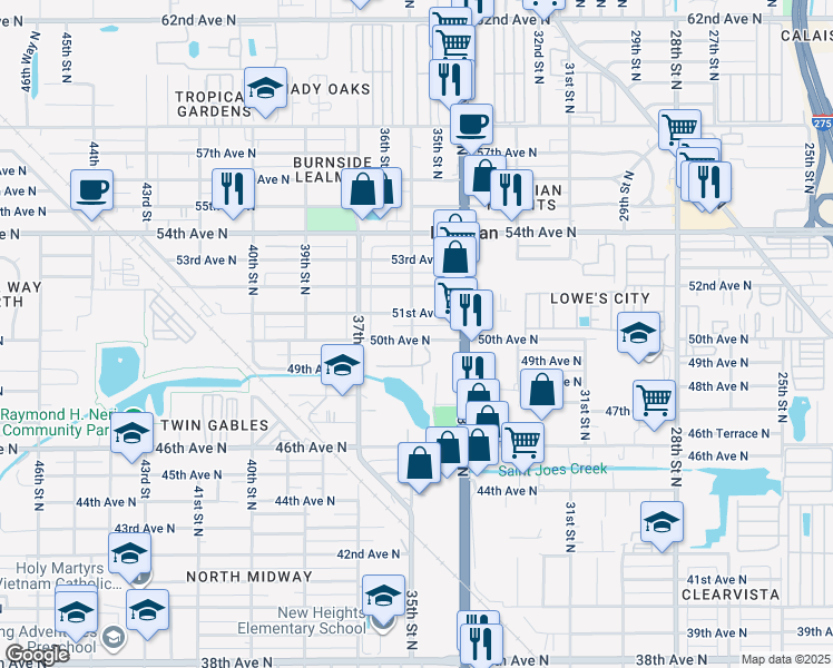 map of restaurants, bars, coffee shops, grocery stores, and more near 3537 50th Avenue North in St. Petersburg