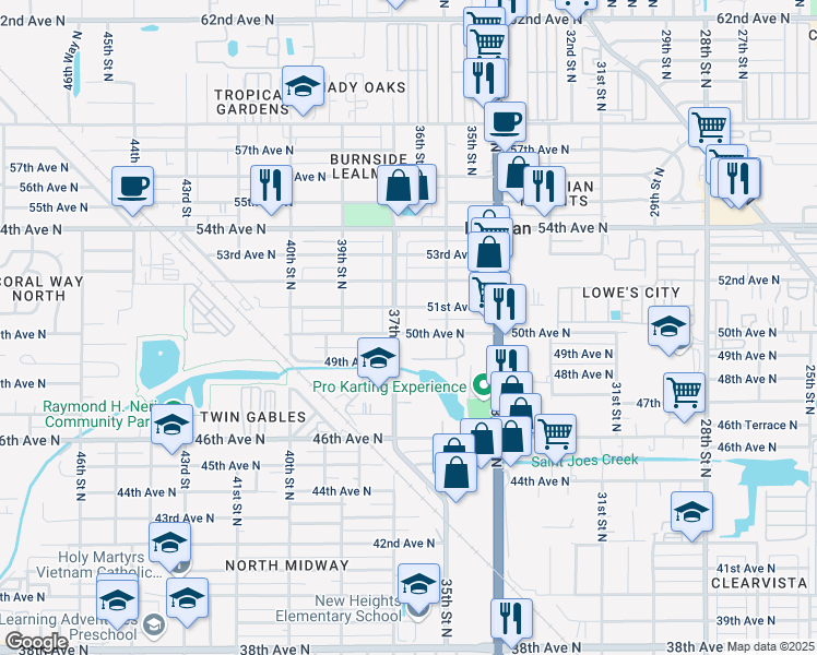map of restaurants, bars, coffee shops, grocery stores, and more near 3681 50th Avenue North in St. Petersburg
