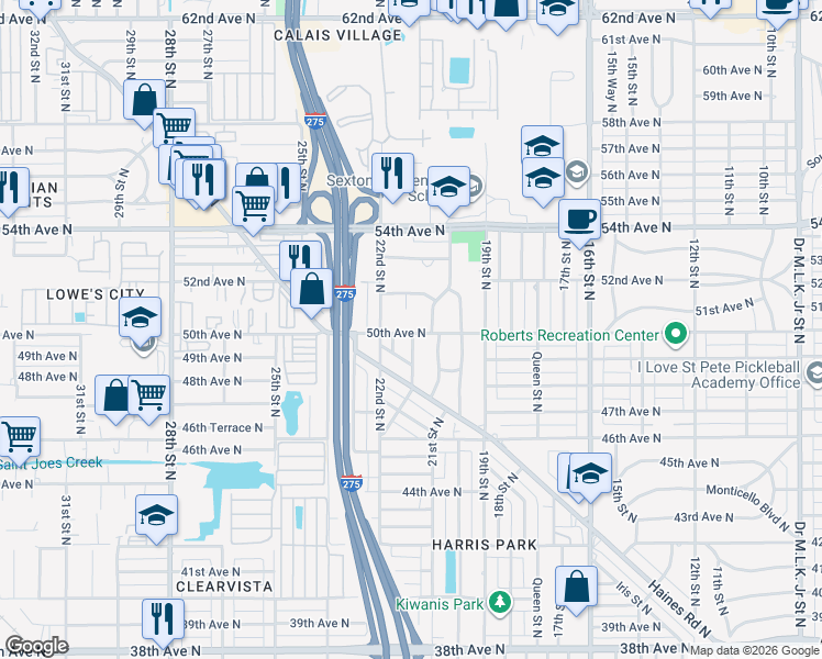 map of restaurants, bars, coffee shops, grocery stores, and more near 2065 50th Avenue North in St. Petersburg
