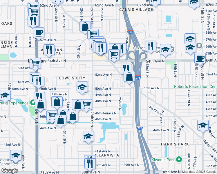map of restaurants, bars, coffee shops, grocery stores, and more near 2595 50th Avenue North in Saint Petersburg