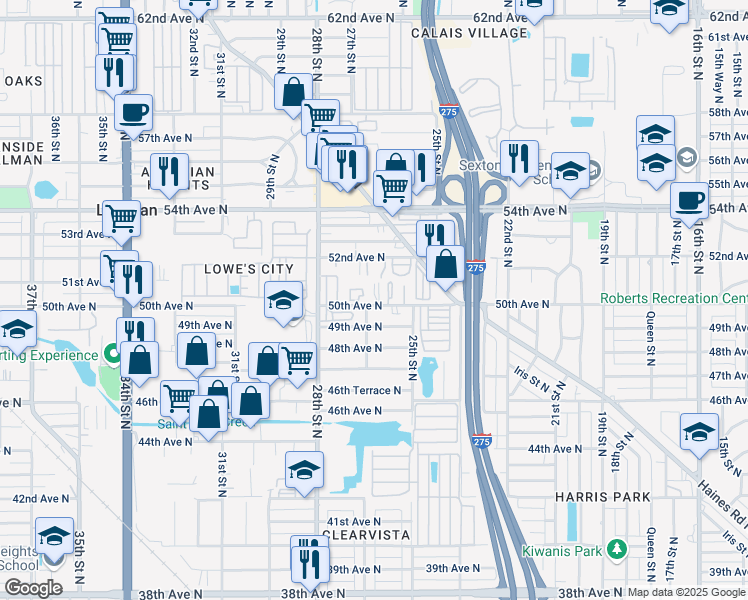 map of restaurants, bars, coffee shops, grocery stores, and more near 2595 50th Avenue North in St. Petersburg