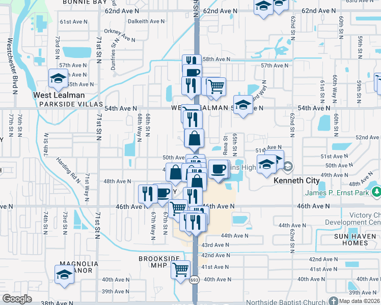 map of restaurants, bars, coffee shops, grocery stores, and more near 6621 50th Avenue North in St. Petersburg