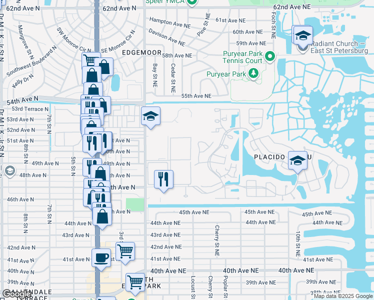map of restaurants, bars, coffee shops, grocery stores, and more near 5050 White Pine Circle Northeast in St. Petersburg