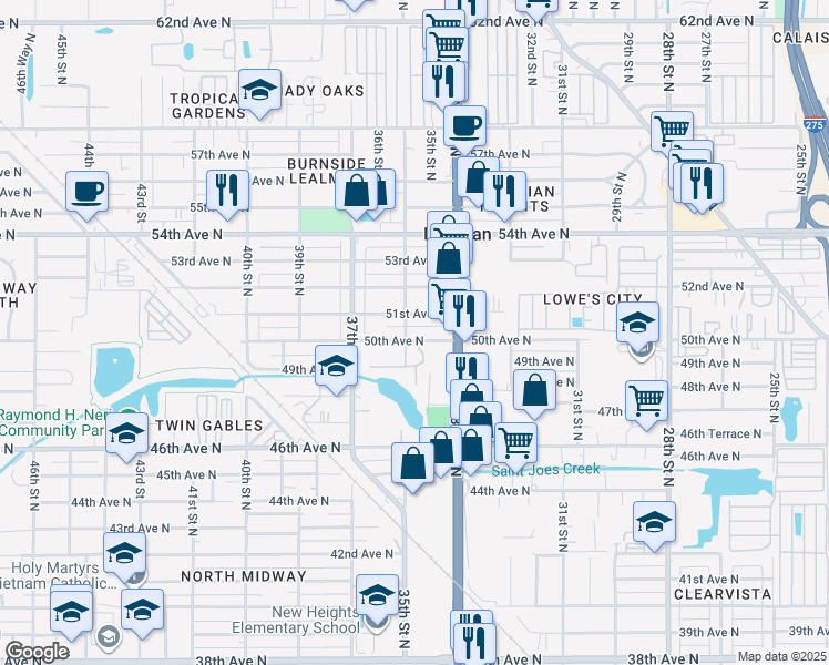 map of restaurants, bars, coffee shops, grocery stores, and more near 3537 50th Avenue North in St. Petersburg