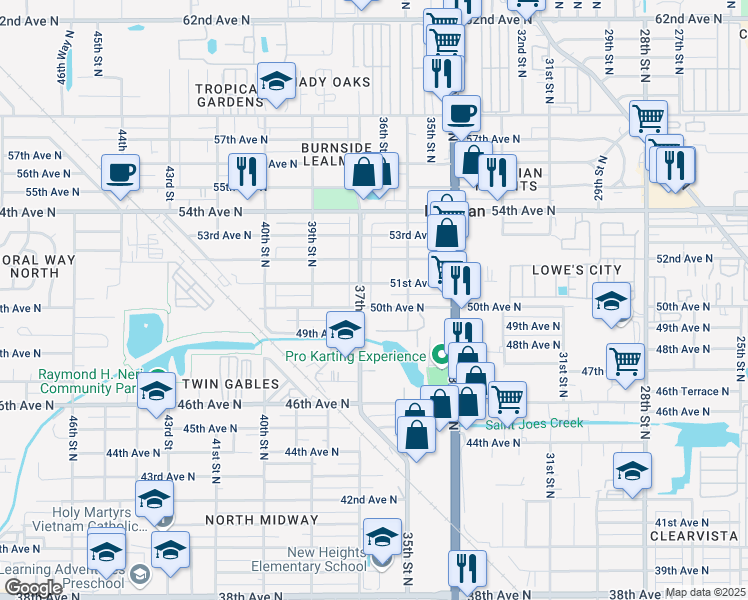 map of restaurants, bars, coffee shops, grocery stores, and more near 3681 50th Avenue North in St. Petersburg