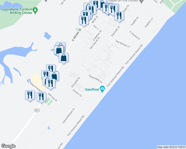map of restaurants, bars, coffee shops, grocery stores, and more near 711 Sandcastle Drive in Port Aransas