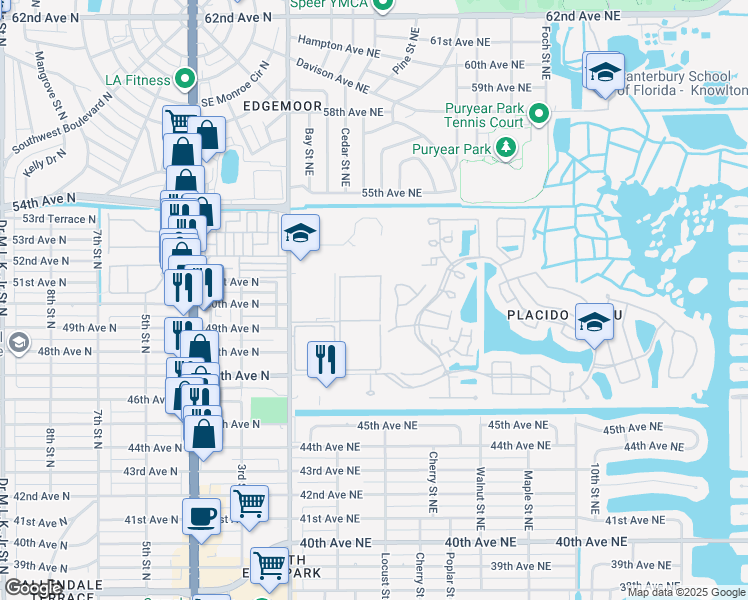 map of restaurants, bars, coffee shops, grocery stores, and more near 5050 White Pine Circle Northeast in St. Petersburg