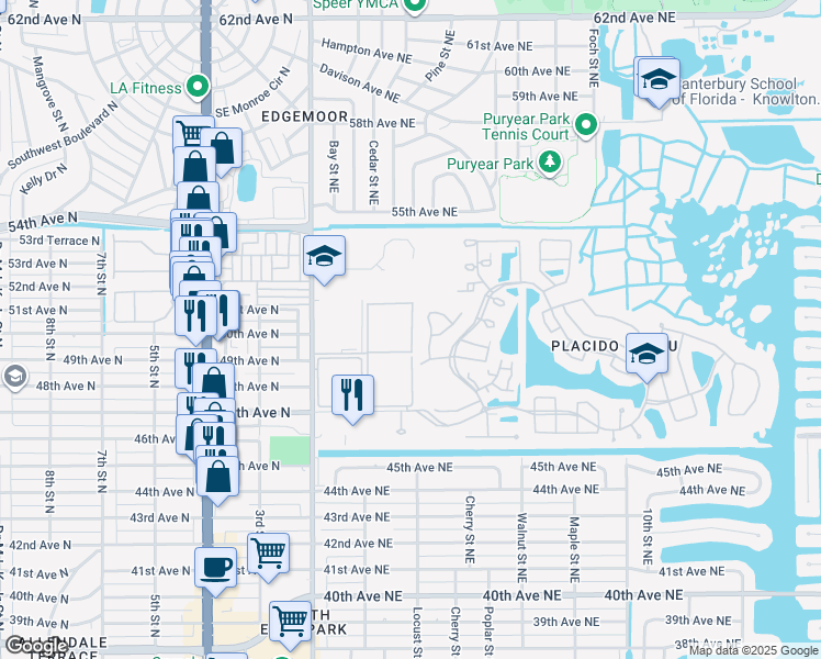 map of restaurants, bars, coffee shops, grocery stores, and more near 5050 White Pine Circle Northeast in St. Petersburg