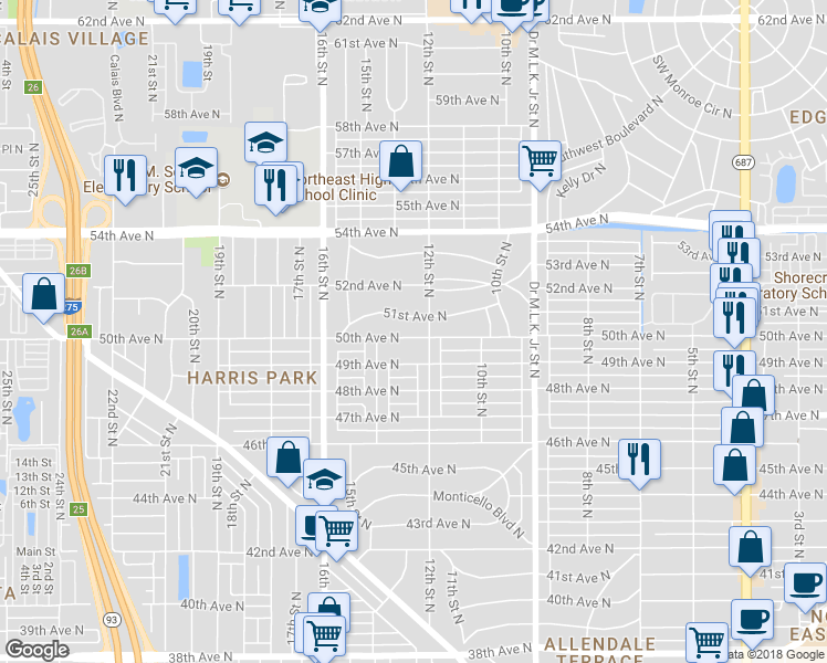 map of restaurants, bars, coffee shops, grocery stores, and more near 1225 50th Avenue North in St. Petersburg