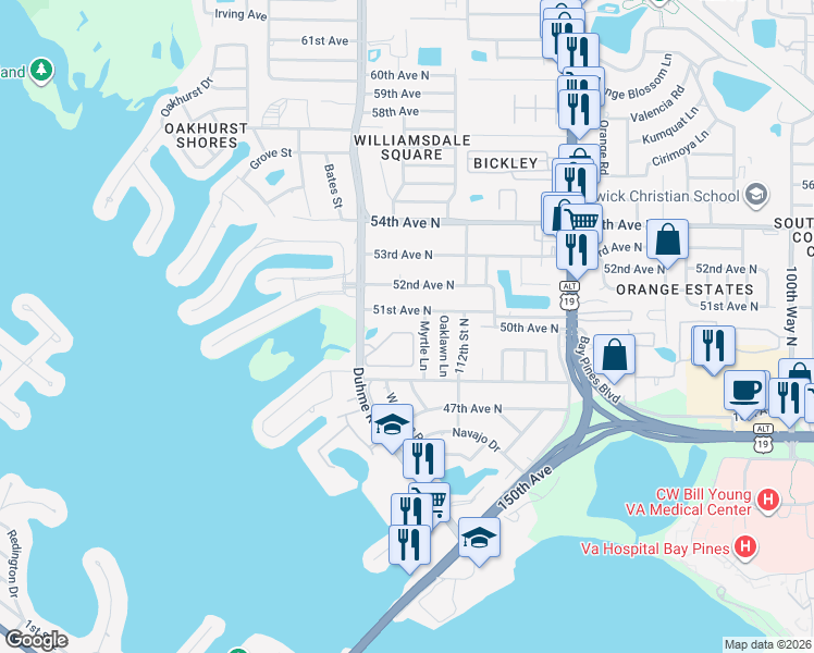 map of restaurants, bars, coffee shops, grocery stores, and more near 11162 Kapok Grand Circle in Saint Petersburg