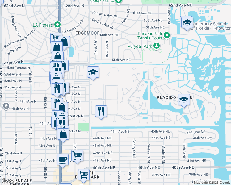 map of restaurants, bars, coffee shops, grocery stores, and more near 5050 White Pine Circle Northeast in St. Petersburg