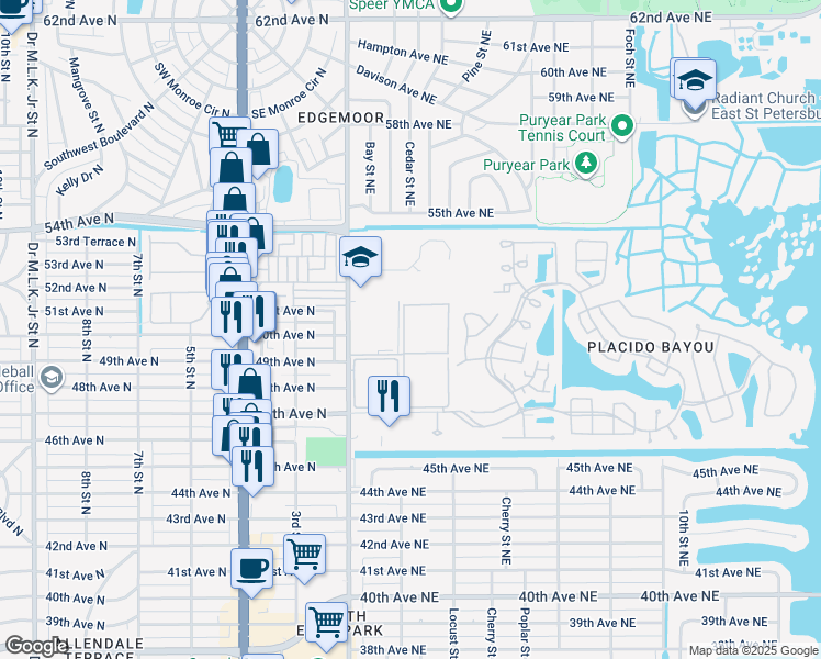 map of restaurants, bars, coffee shops, grocery stores, and more near 4915 Bay Street Northeast in St. Petersburg