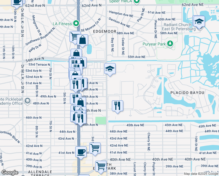 map of restaurants, bars, coffee shops, grocery stores, and more near 4910 Bay Street Northeast in St. Petersburg
