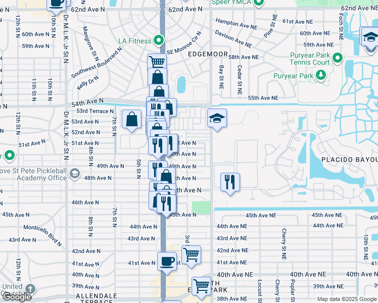 map of restaurants, bars, coffee shops, grocery stores, and more near 241 50th Avenue North in St. Petersburg
