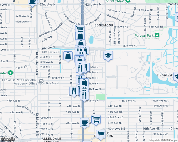 map of restaurants, bars, coffee shops, grocery stores, and more near 4949 4th Street North in St. Petersburg