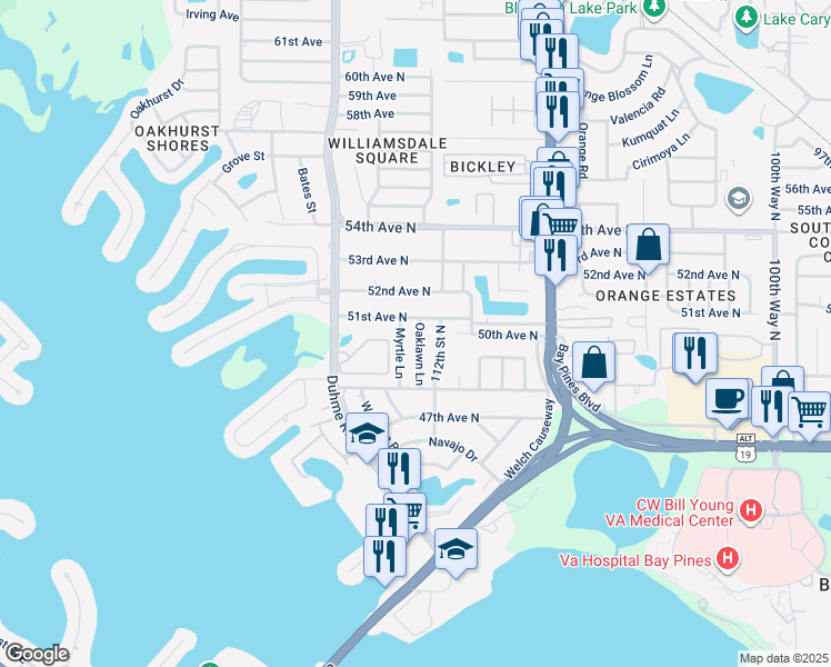 map of restaurants, bars, coffee shops, grocery stores, and more near 5080 Oaklawn Lane in Saint Petersburg