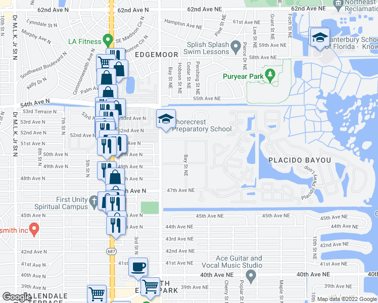 map of restaurants, bars, coffee shops, grocery stores, and more near 4915 Bay Street Northeast in St. Petersburg
